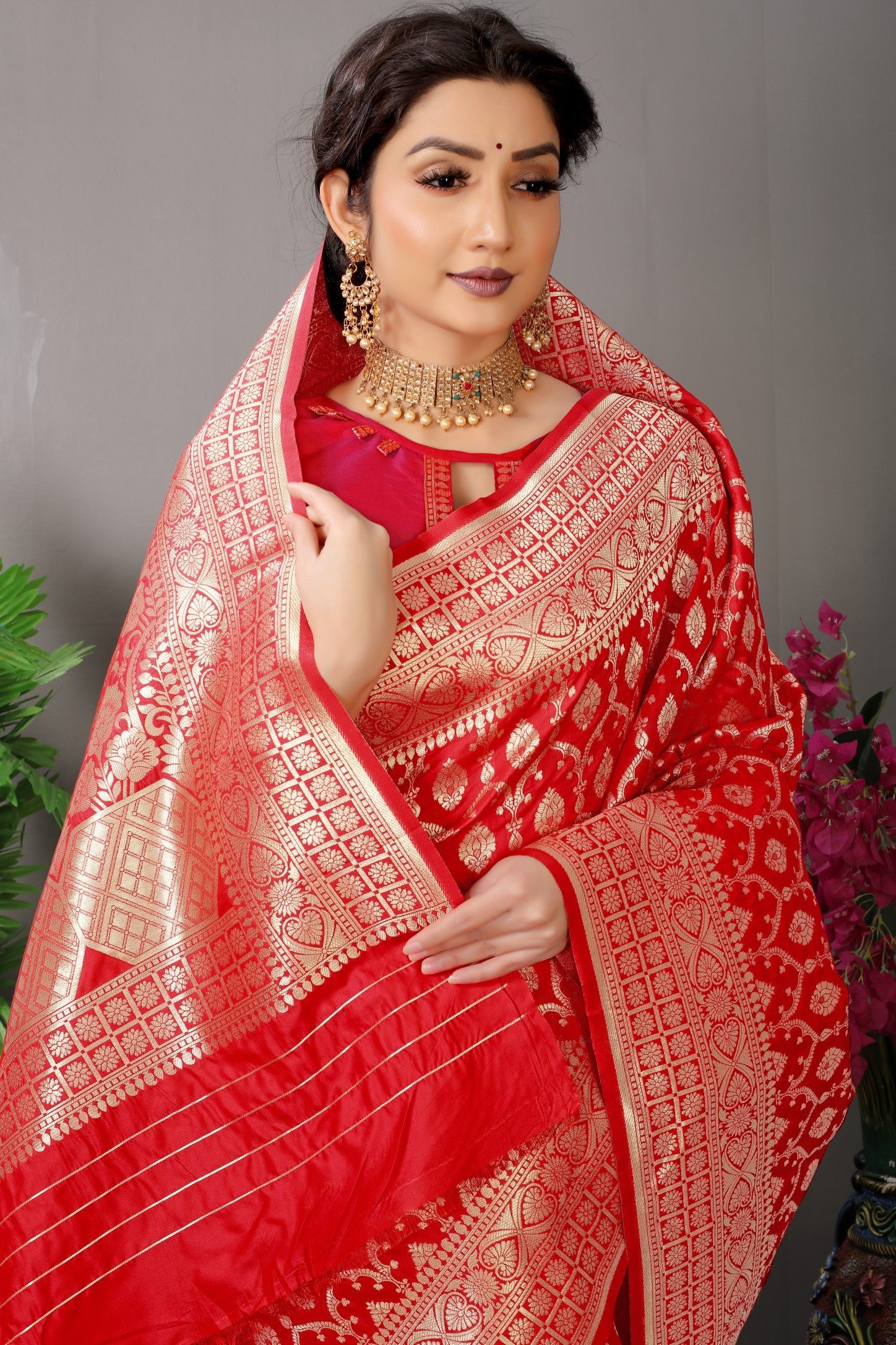 Anaita Red Woven Design Pure Silk Banarasi Saree With Blouse | Grocsy