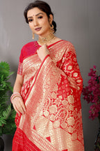 Anaita Red Woven Design Pure Silk Banarasi Saree With Blouse | Grocsy