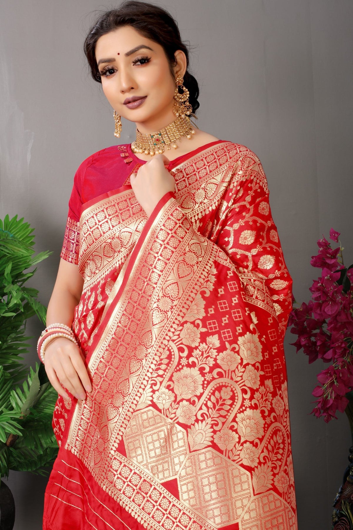 Anaita Red Woven Design Pure Silk Banarasi Saree With Blouse | Grocsy