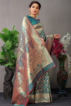 Anaita Teal Woven Design Pure Silk Banarasi Saree With Blouse | Grocsy