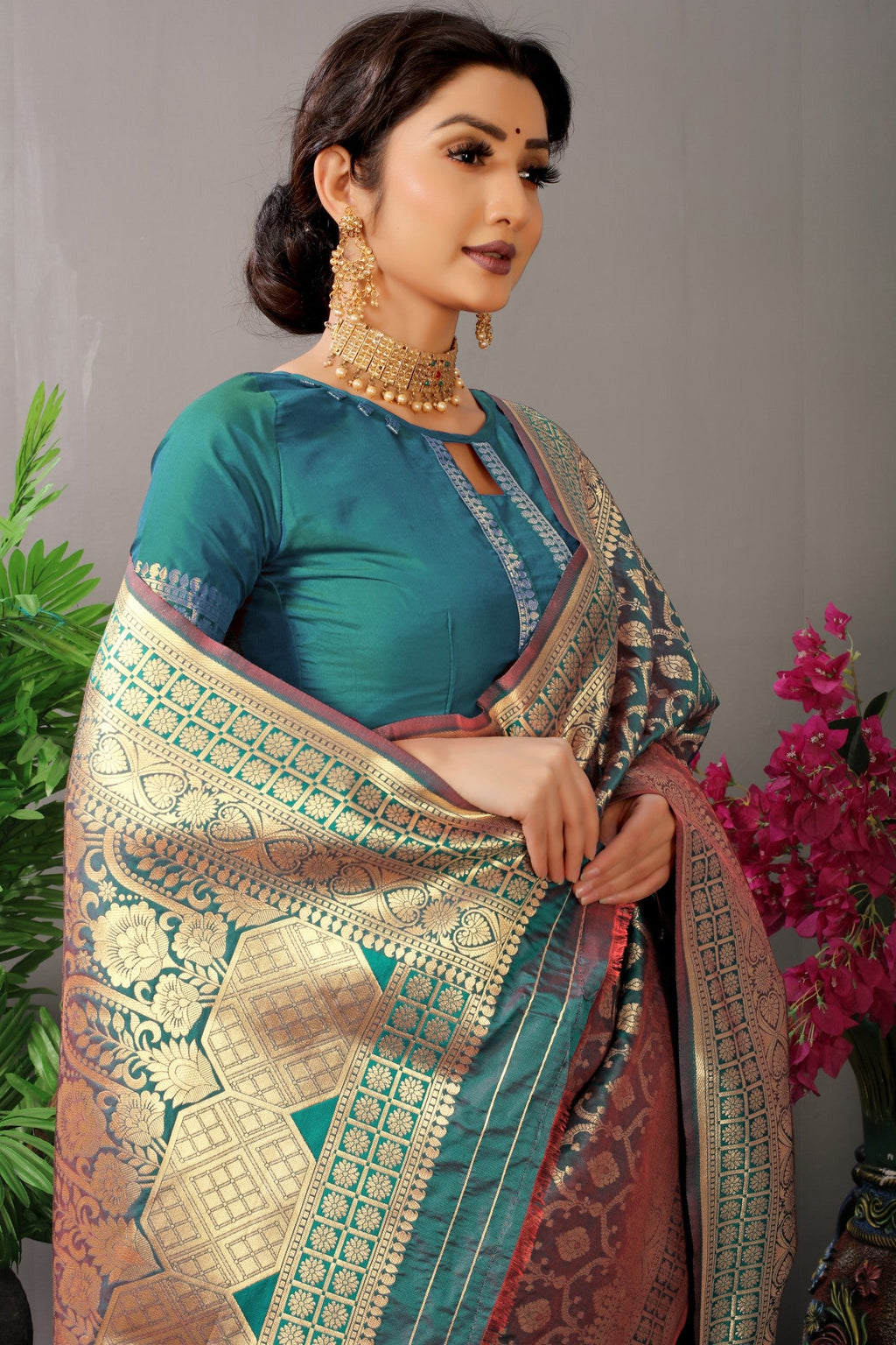Anaita Teal Woven Design Pure Silk Banarasi Saree With Blouse | Grocsy