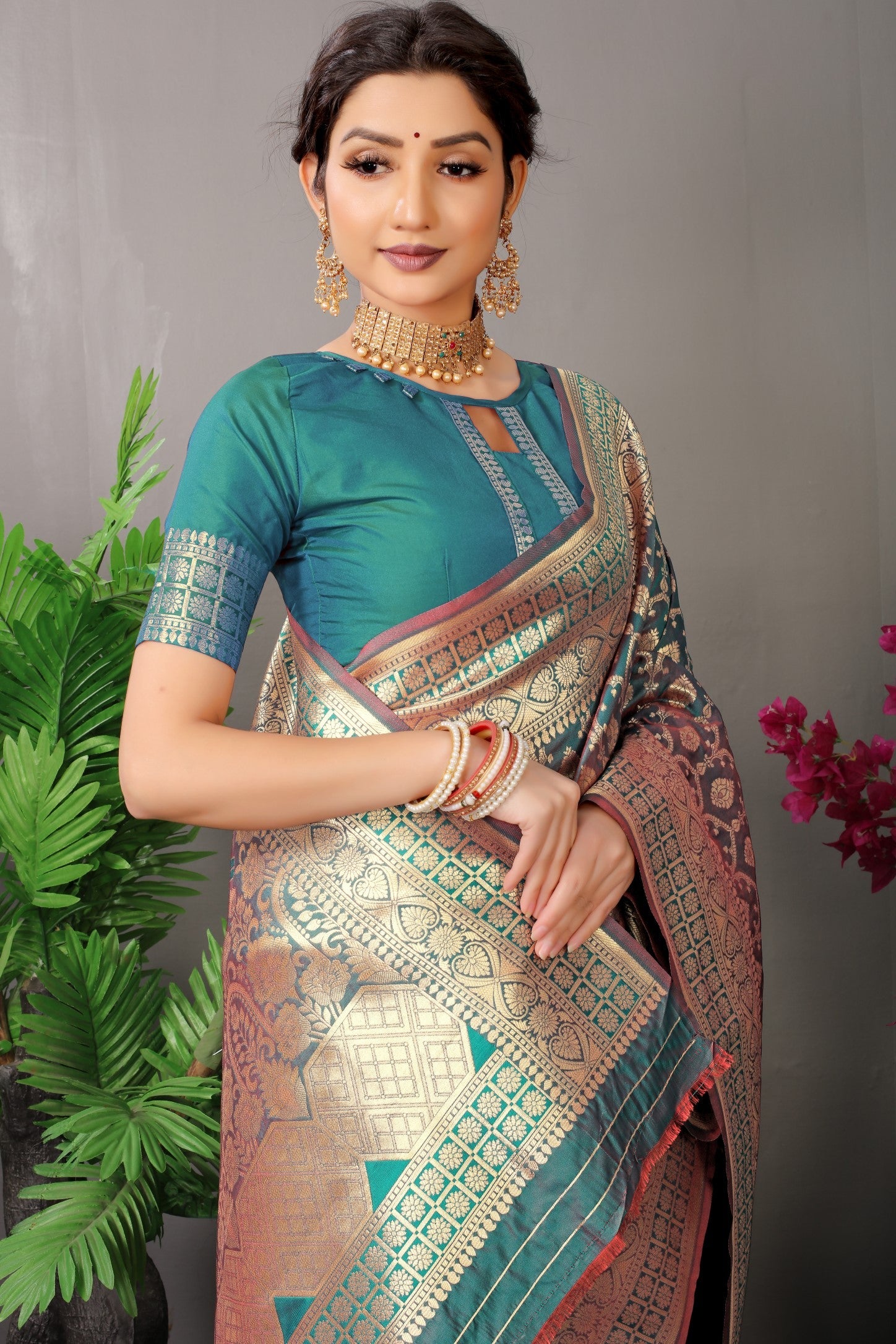 Anaita Teal Woven Design Pure Silk Banarasi Saree With Blouse | Grocsy