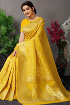 Anaita Yellow Woven Design Pure Silk Banarasi Saree With Blouse | Grocsy