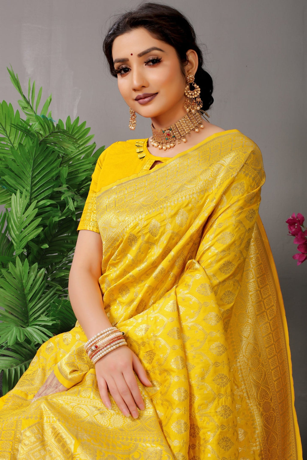 Anaita Yellow Woven Design Pure Silk Banarasi Saree With Blouse | Grocsy