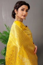 Anaita Yellow Woven Design Pure Silk Banarasi Saree With Blouse | Grocsy
