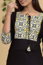 Yufta Women Black & Yellow Geometric Yoke Design Straight Kurta | Grocsy