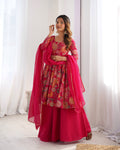 Lorenvalley Women Pure Soft Roman silk Chanderi Discharge Print Fabric Kediya Kurta Palazzo with Dupatta Set - Ranipink | Grocsy