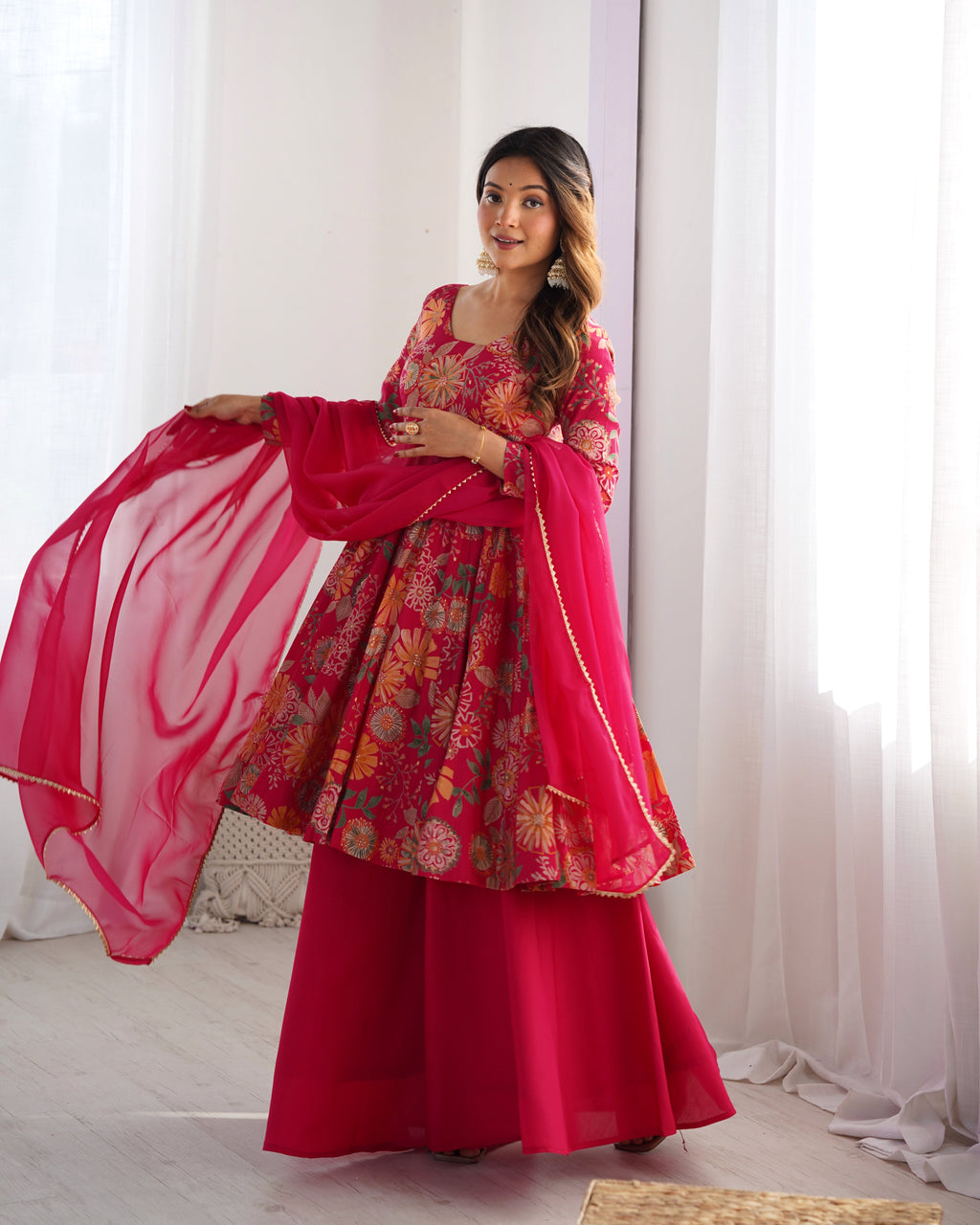 Lorenvalley Women Pure Soft Roman silk Chanderi Discharge Print Fabric Kediya Kurta Palazzo with Dupatta Set - Ranipink | Grocsy