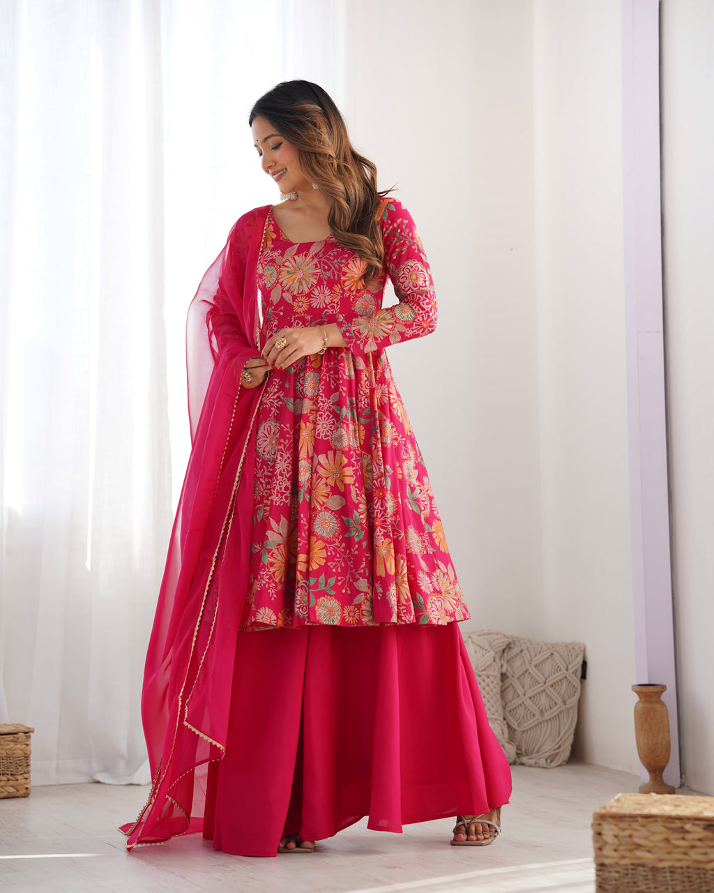 Lorenvalley Women Pure Soft Roman silk Chanderi Discharge Print Fabric Kediya Kurta Palazzo with Dupatta Set - Ranipink | Grocsy