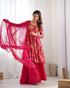 Lorenvalley Women Pure Soft Roman silk Chanderi Discharge Print Fabric Kediya Kurta Palazzo with Dupatta Set - Ranipink | Grocsy