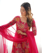 Lorenvalley Women Pure Soft Roman silk Chanderi Discharge Print Fabric Kediya Kurta Palazzo with Dupatta Set - Ranipink | Grocsy