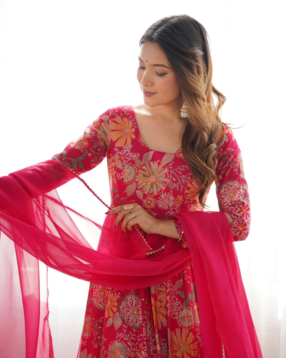 Lorenvalley Women Pure Soft Roman silk Chanderi Discharge Print Fabric Kediya Kurta Palazzo with Dupatta Set - Ranipink | Grocsy