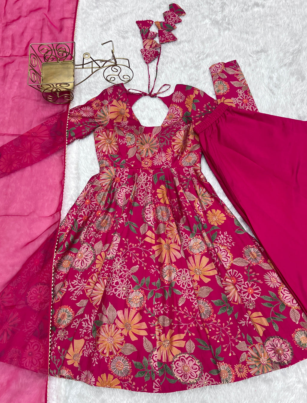 Lorenvalley Women Pure Soft Roman silk Chanderi Discharge Print Fabric Kediya Kurta Palazzo with Dupatta Set - Ranipink | Grocsy