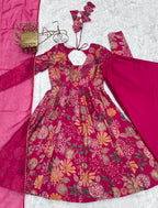 Lorenvalley Women Pure Soft Roman silk Chanderi Discharge Print Fabric Kediya Kurta Palazzo with Dupatta Set - Ranipink | Grocsy