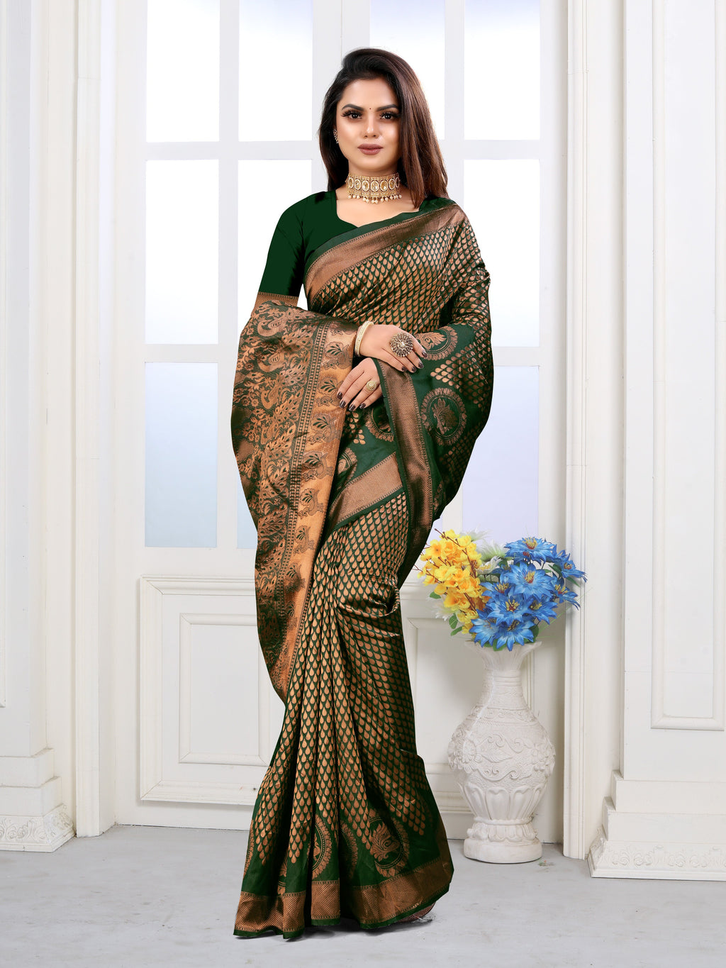 Vedant Vastram Litchi Silk Designer Banarasi Saree - Green | Grocsy