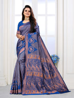 Vedant Vastram Litchi Silk Designer Banarasi Saree - Blue | Grocsy