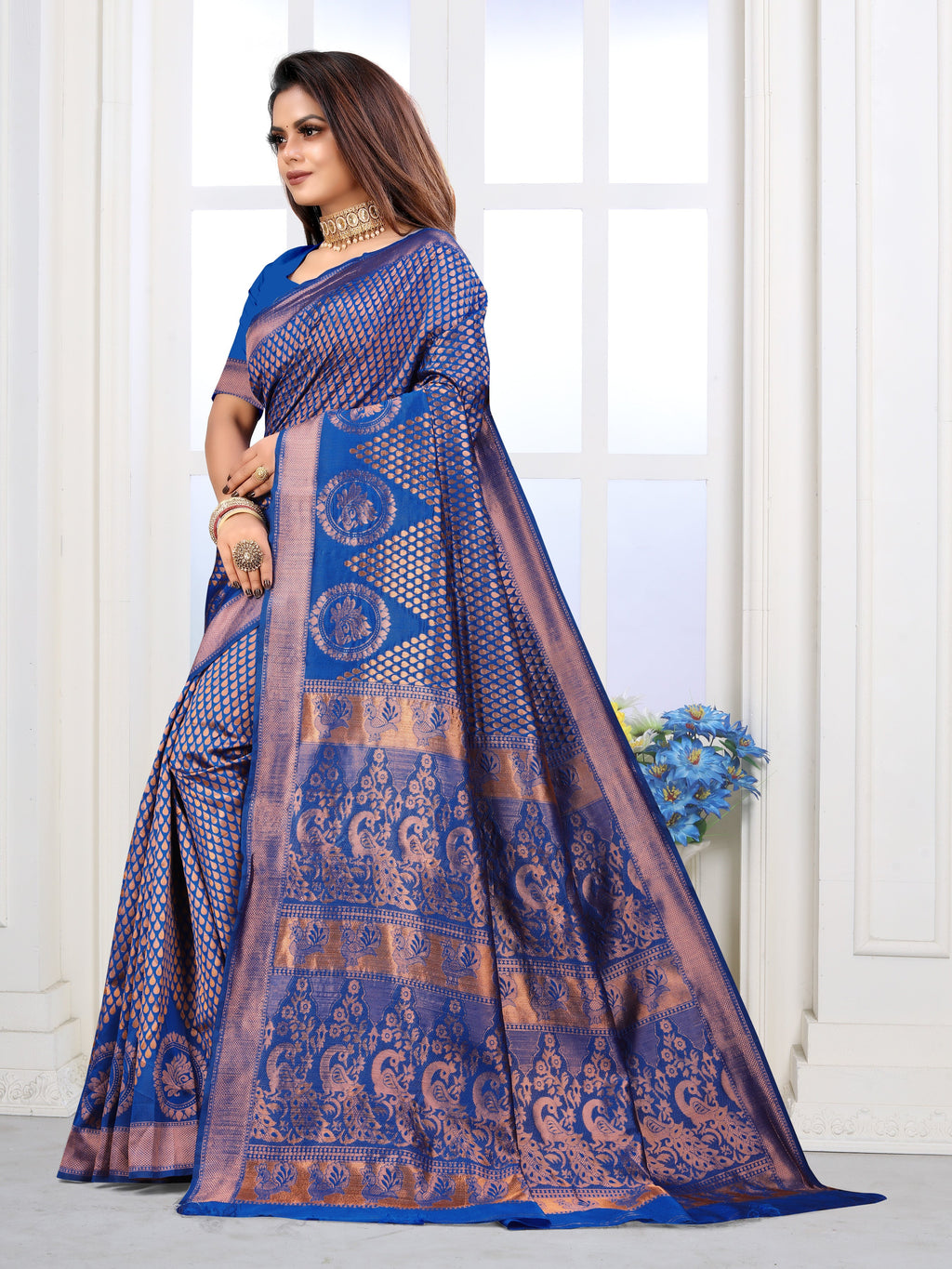 Vedant Vastram Litchi Silk Designer Banarasi Saree - Blue | Grocsy