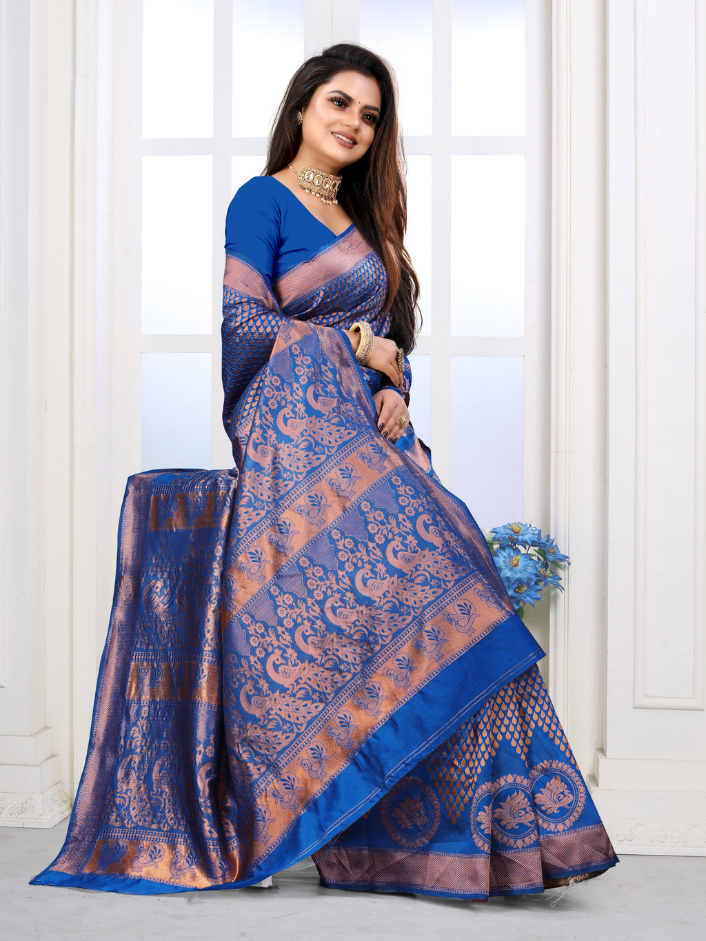 Vedant Vastram Litchi Silk Designer Banarasi Saree - Blue | Grocsy
