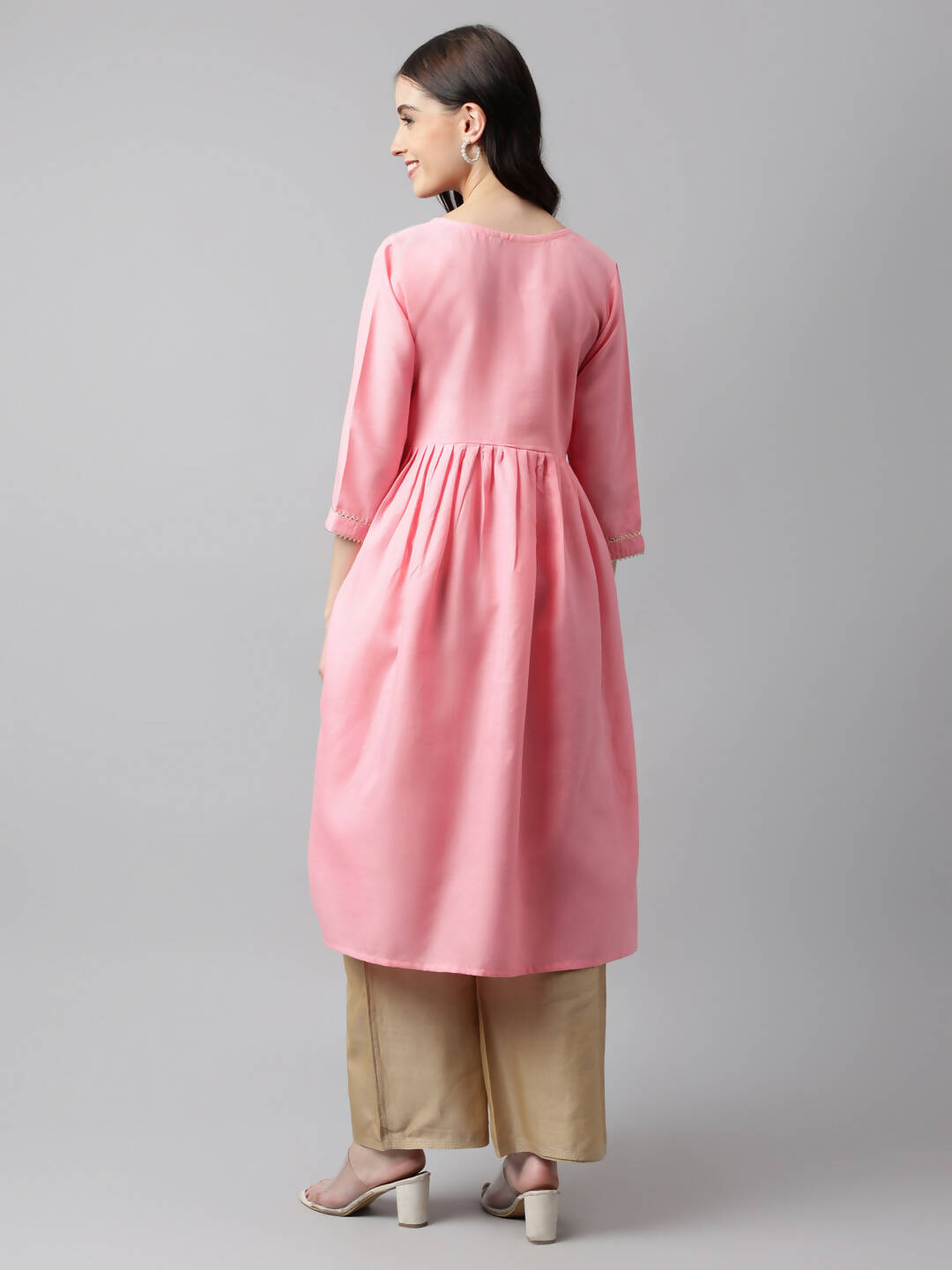 Pink Poly Cotton Solid Nayra Cut Kurta - Tirtha | Grocsy
