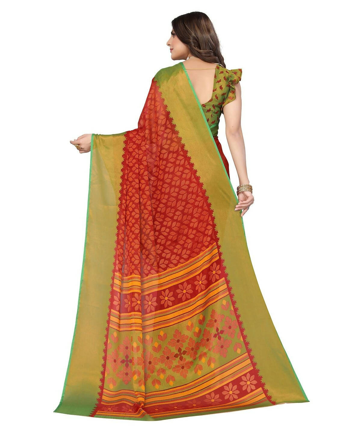 Vamika Red Chiffon Brasso Bollywood Style Woven Saree (ALIZA RED) | Grocsy