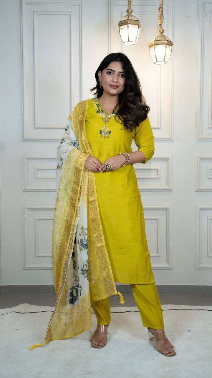 Lorenvalley Fashion Parotgreen Roman Silk Hand Work Kurta Pant with Dupatta | Grocsy
