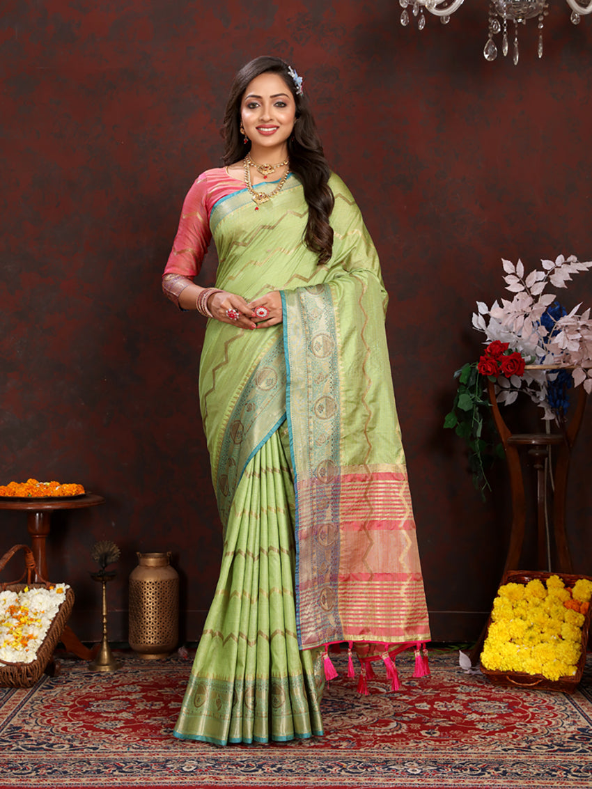 Lorenvalley Fashion Parotgreen Soft Katan Silk Woven Design Zari Weaving Pallu Saree | Grocsy