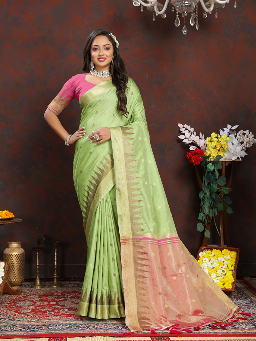 Lorenvalley Fashion Parotgreen Soft Katan Silk Woven Design Zari Weaving Pallu Saree | Grocsy