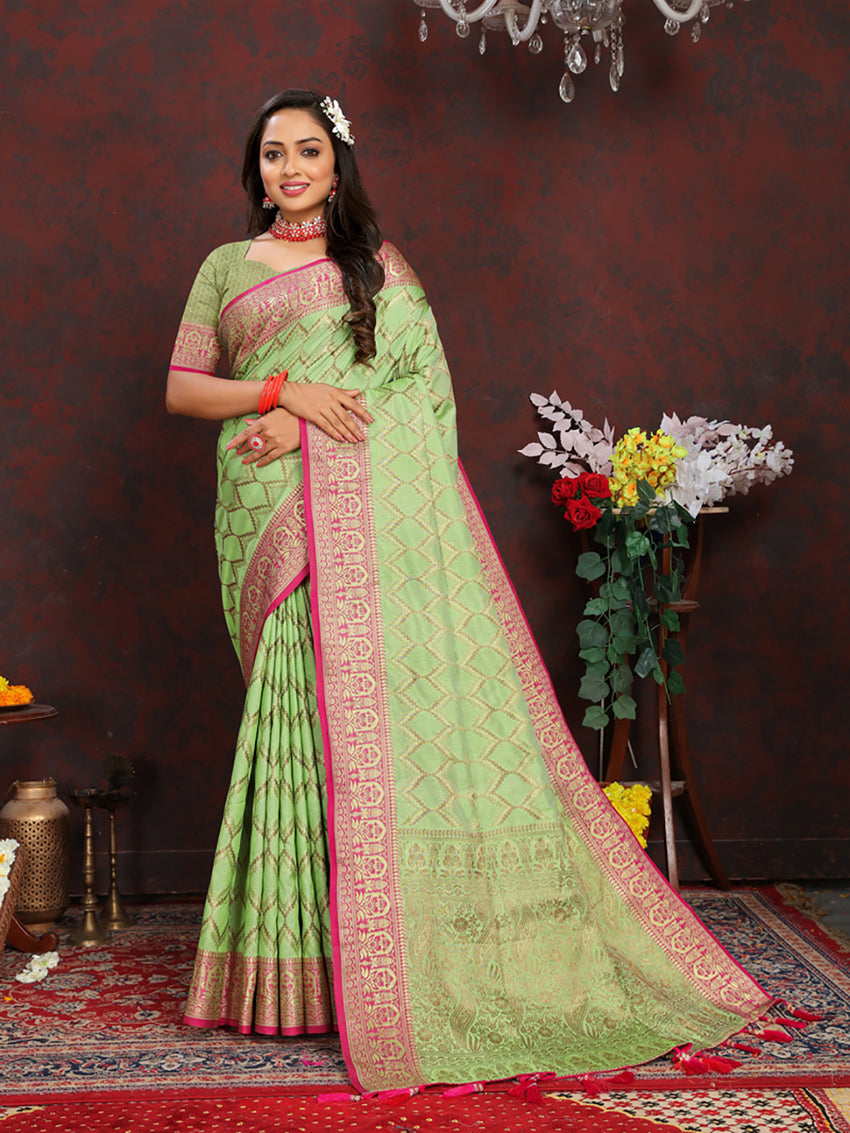 Lorenvalley Fashion Parotgreen Soft Katan Silk Woven Design Rich Zari Weaving Pallu Saree | Grocsy