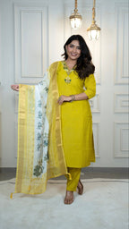 Lorenvalley Fashion Parotgreen Roman Silk Hand Work Kurta Pant with Dupatta | Grocsy