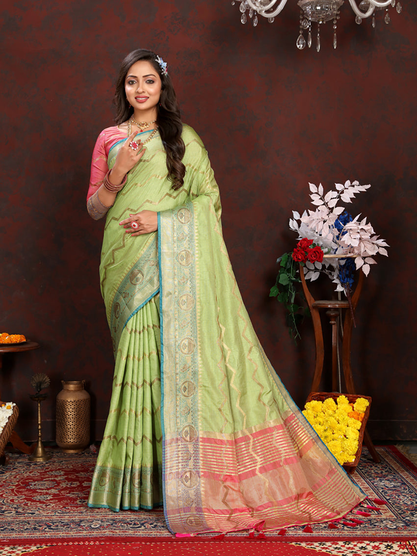 Lorenvalley Fashion Parotgreen Soft Katan Silk Woven Design Zari Weaving Pallu Saree | Grocsy