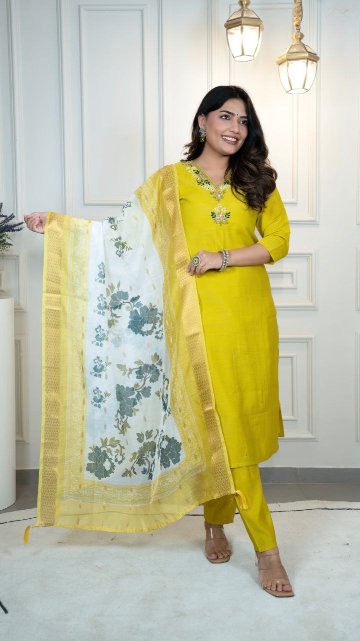 Lorenvalley Fashion Parotgreen Roman Silk Hand Work Kurta Pant with Dupatta | Grocsy