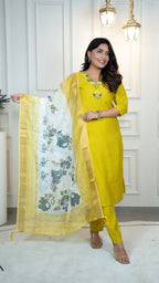 Lorenvalley Fashion Parotgreen Roman Silk Hand Work Kurta Pant with Dupatta | Grocsy