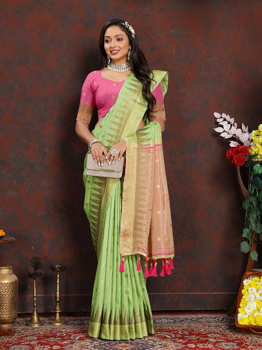 Lorenvalley Fashion Parotgreen Soft Katan Silk Woven Design Zari Weaving Pallu Saree | Grocsy