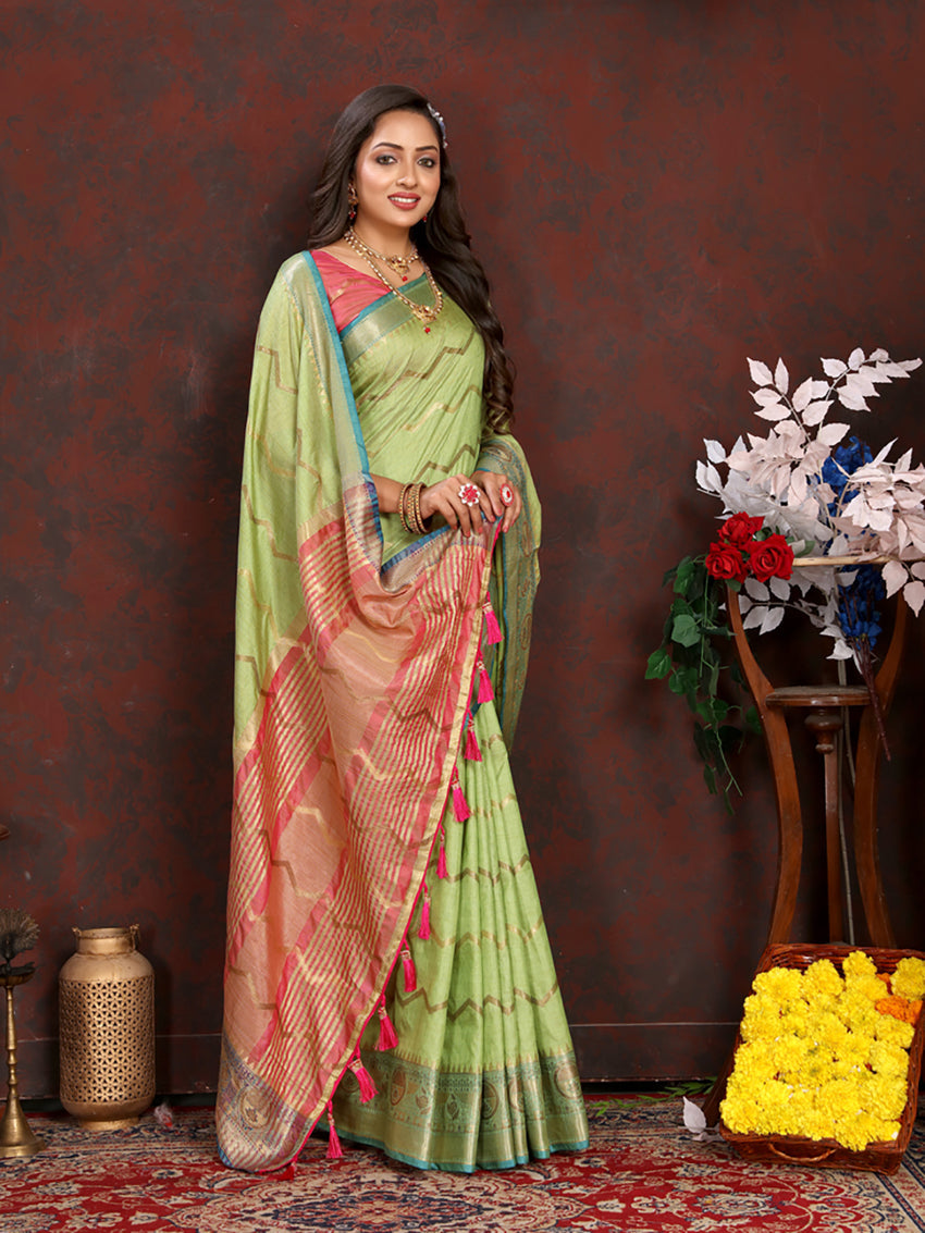 Lorenvalley Fashion Parotgreen Soft Katan Silk Woven Design Zari Weaving Pallu Saree | Grocsy
