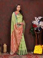 Lorenvalley Fashion Parotgreen Soft Katan Silk Woven Design Zari Weaving Pallu Saree | Grocsy