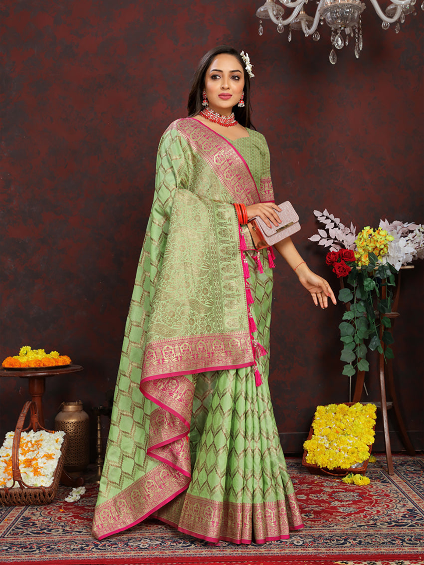 Lorenvalley Fashion Parotgreen Soft Katan Silk Woven Design Rich Zari Weaving Pallu Saree | Grocsy