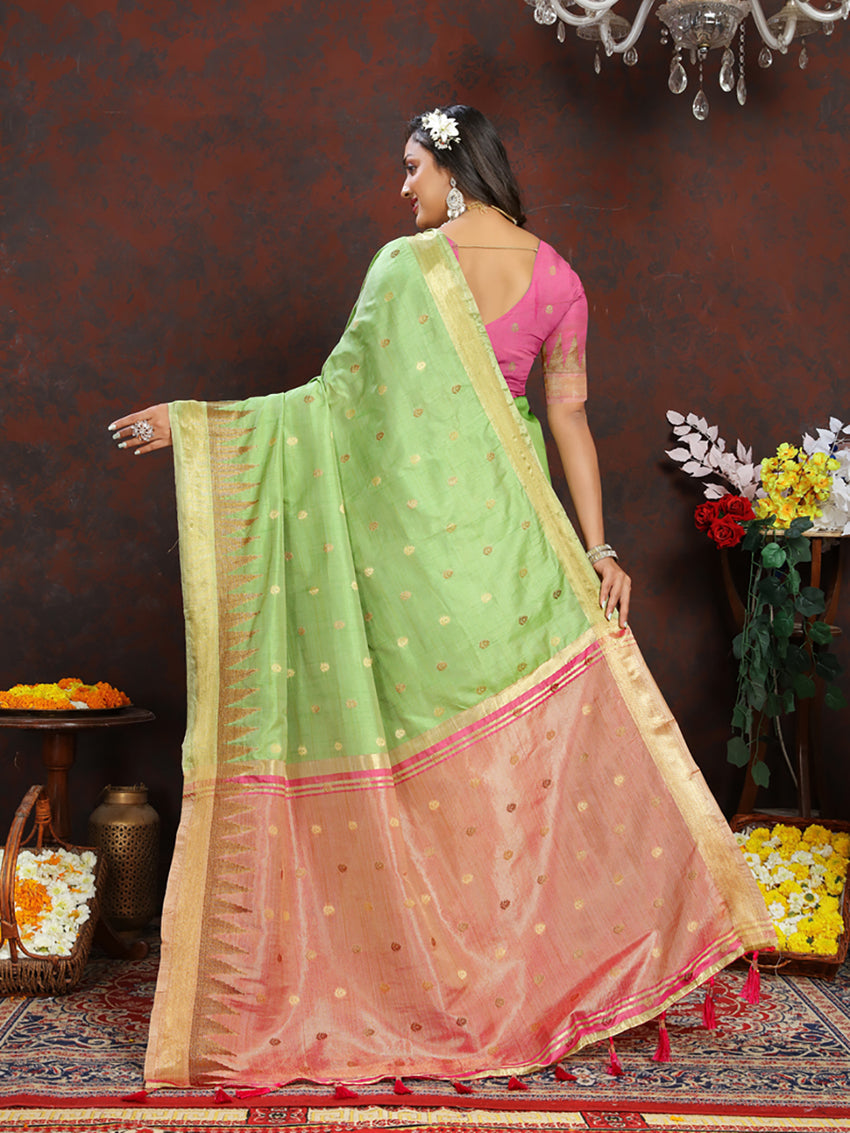 Lorenvalley Fashion Parotgreen Soft Katan Silk Woven Design Zari Weaving Pallu Saree | Grocsy