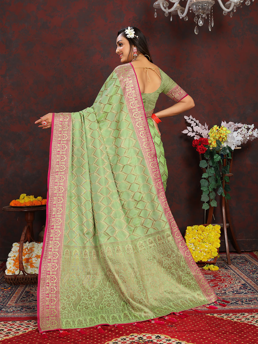 Lorenvalley Fashion Parotgreen Soft Katan Silk Woven Design Rich Zari Weaving Pallu Saree | Grocsy