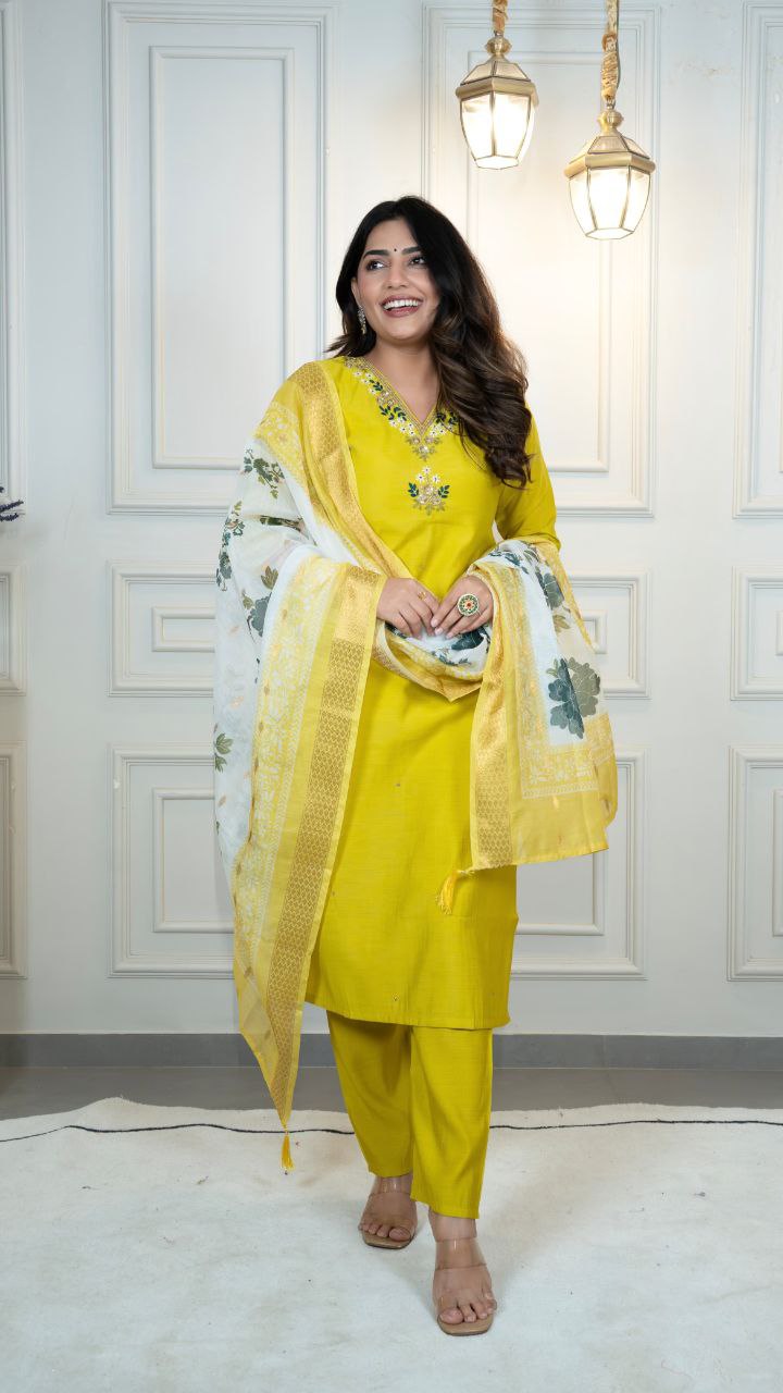 Lorenvalley Fashion Parotgreen Roman Silk Hand Work Kurta Pant with Dupatta | Grocsy