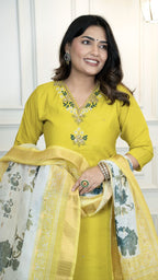 Lorenvalley Fashion Parotgreen Roman Silk Hand Work Kurta Pant with Dupatta | Grocsy