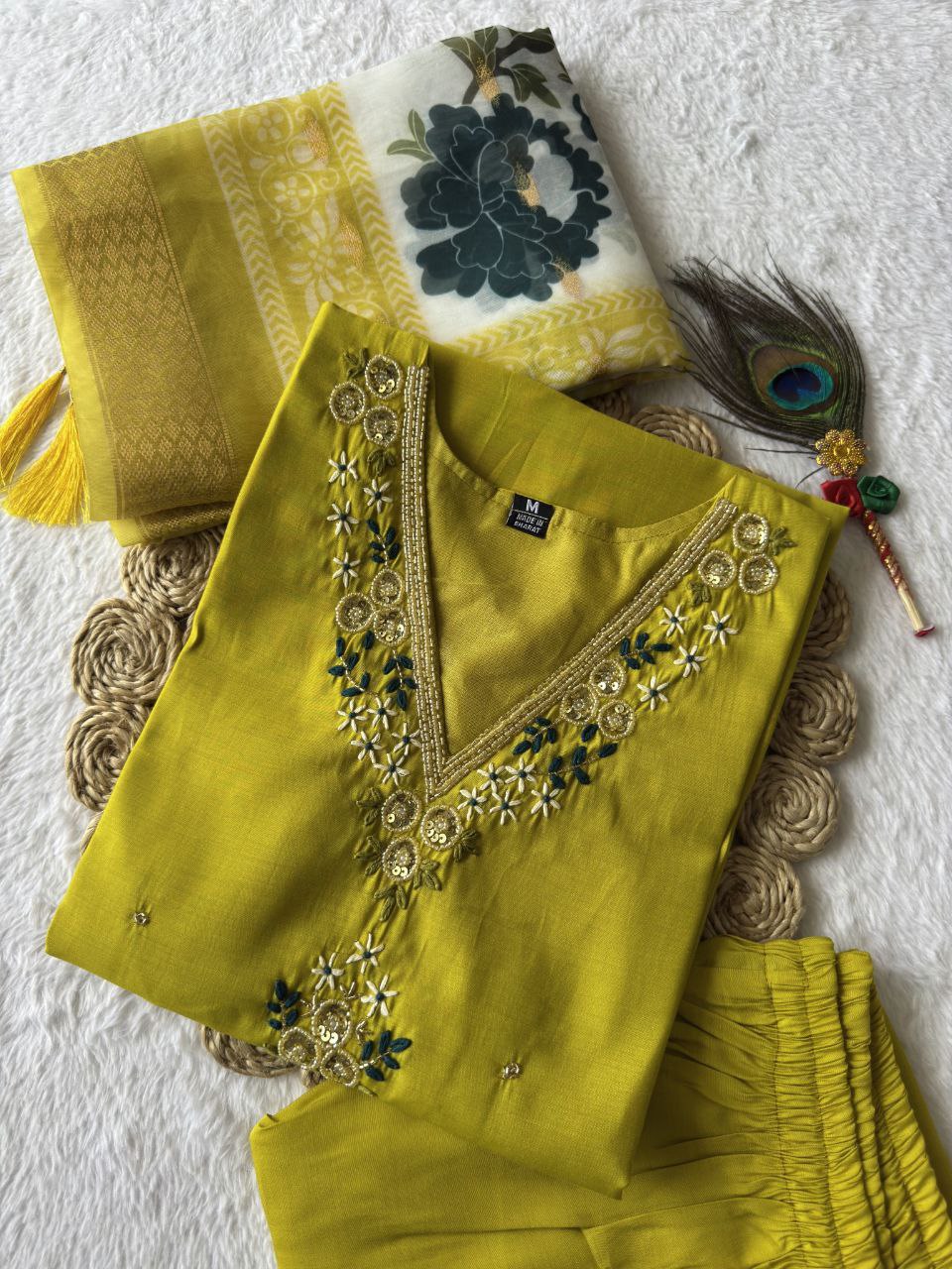 Lorenvalley Fashion Parotgreen Roman Silk Hand Work Kurta Pant with Dupatta | Grocsy