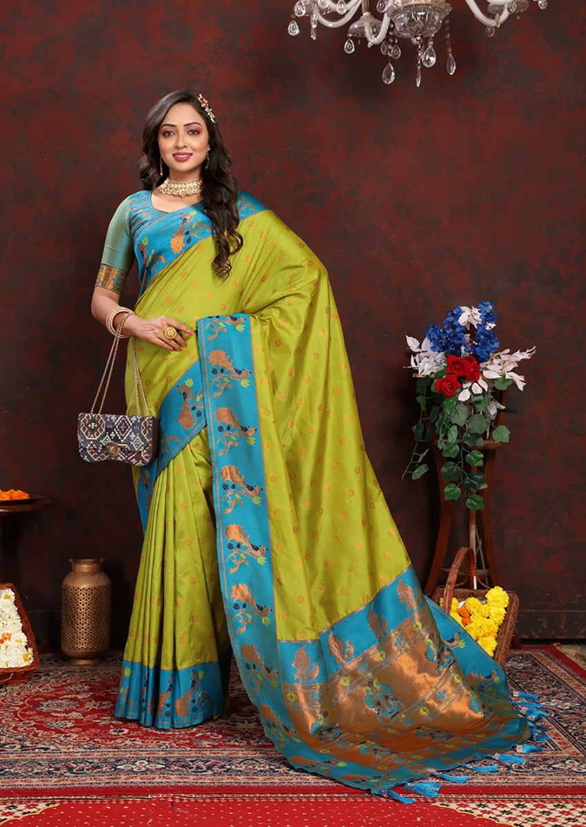 Lorenvalley Fashion Parotgreen Soft Paithani Silk Woven Design Rich Zari Meenakari Weaving Saree | Grocsy