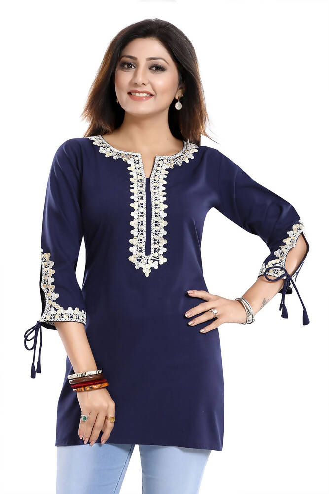 Snehal Creations Graceful Navy Blue Alluring Designer Kurti Tunic with Lace Detailing | Grocsy