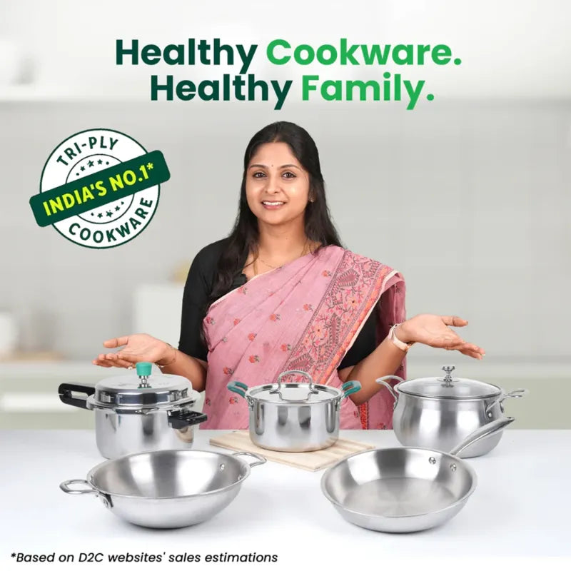 The Indus Valley TurboCuk Tri-ply Stainless Steel Cookware Set: 3L Kadai with Lid + 1.4L Fry Pan, Premium Quality, 3 Layer Thick Body, 100% Toxin-free, Non-stick, Induction & Gas | Grocsy