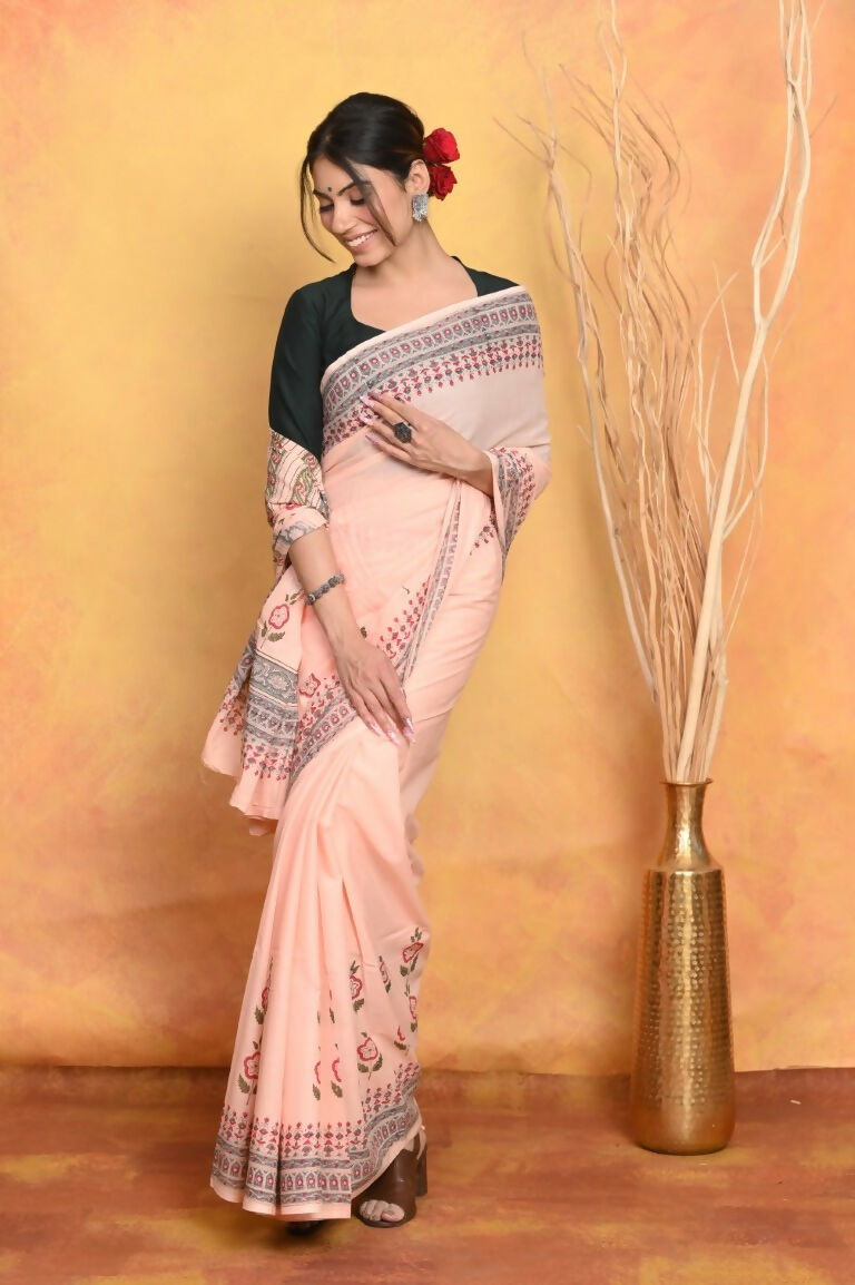Very Much Indian Handblock Printed Cotton Saree With Natural Dyes - Peach | Grocsy
