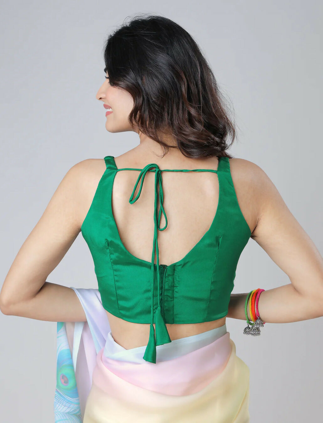 Vastranavya Pastel Rainbow Freehand Peacock Feather Print Ready to Wear Saree | Grocsy