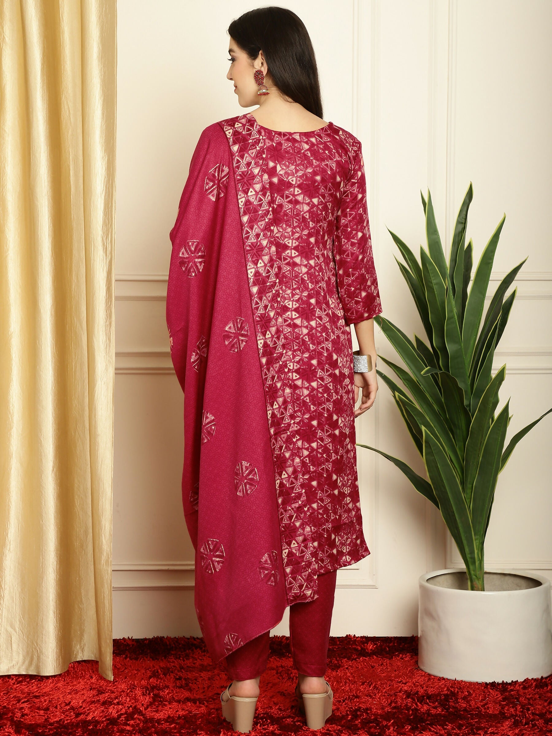 Jyoti Fashion Women's Red Pashmina Floral Digital Printed Kurta with Trouser & Dupatta | Grocsy