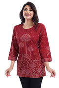 Snehal Creations Maroon Faux Crepe Printed Short Kurti Tunic Top | Grocsy