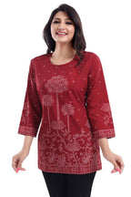 Snehal Creations Maroon Faux Crepe Printed Short Kurti Tunic Top | Grocsy