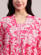 Aavyora Women's Pink Floral Cotton Kurta with Lace Detailing, with Trouser & Dupatta | Grocsy